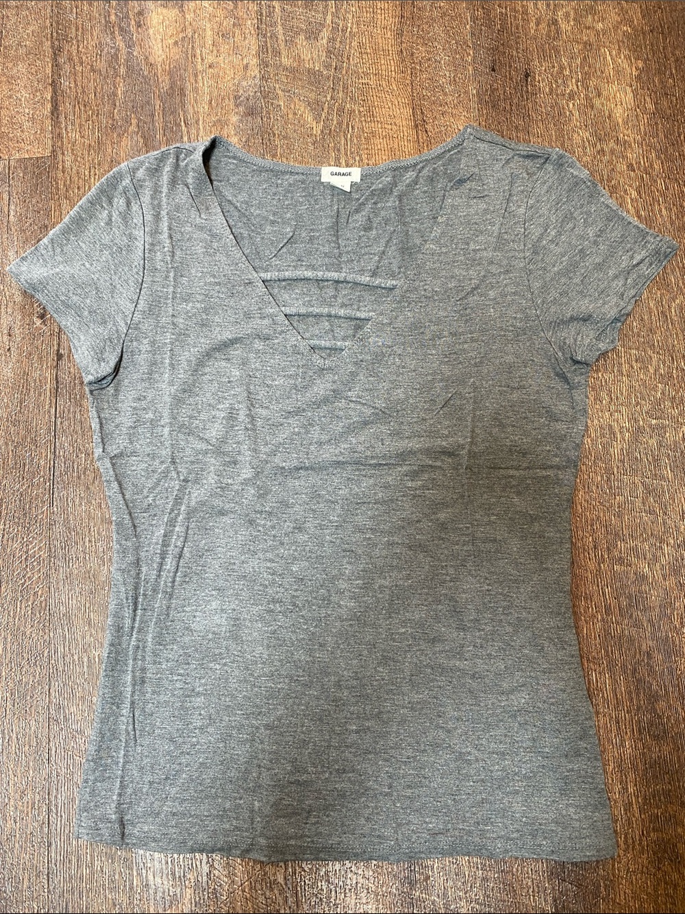 Garage Gray Short-Sleeve V-Neck Tee with Strappy Detail